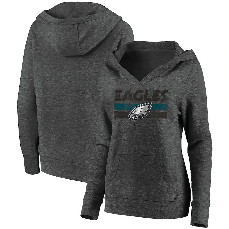 Women Philadelphia Eagles Fanatics Branded Heathered Charcoal First String V-Neck Pullover Hoodie->women nfl jersey->Women Jersey